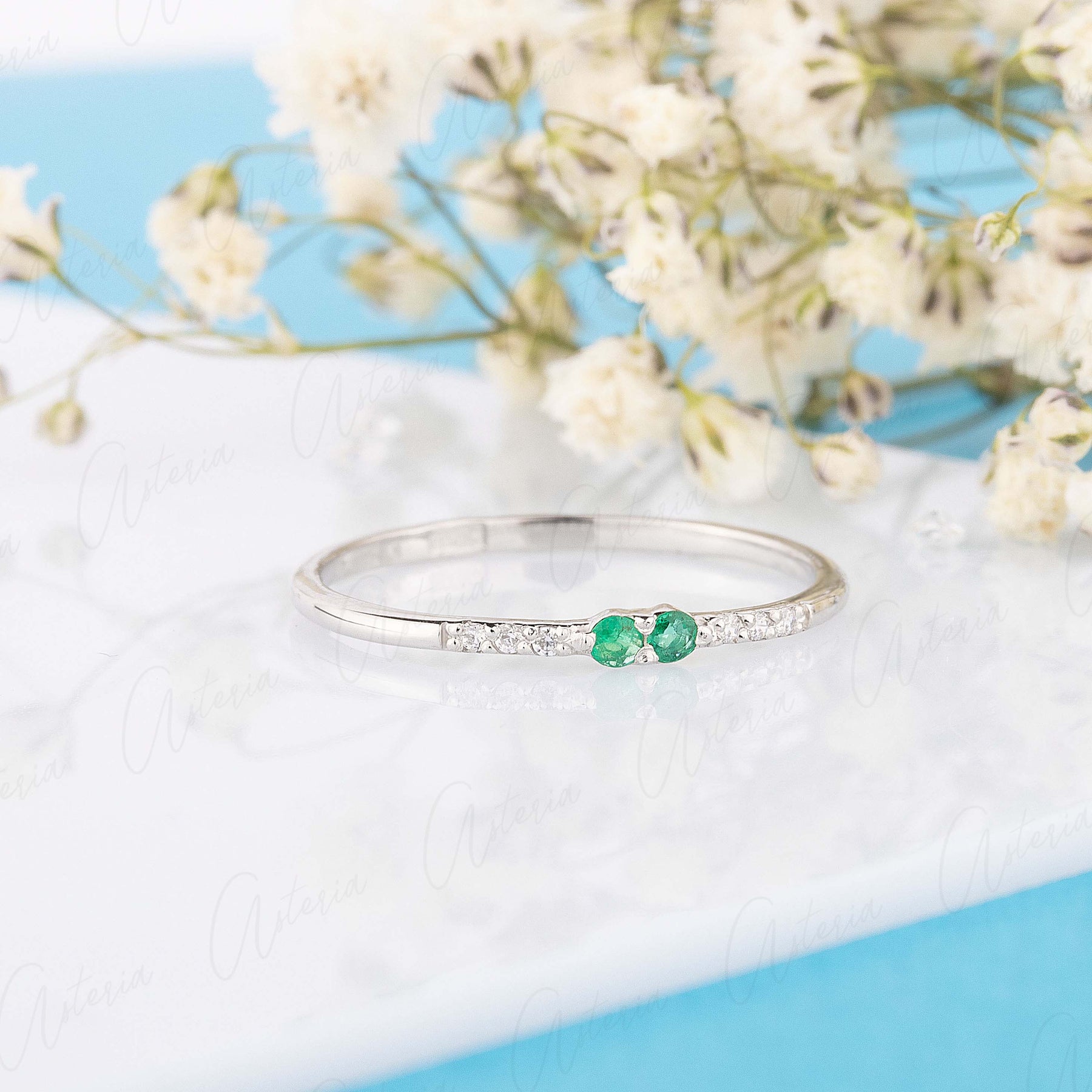 Unique delicate 14k white gold emerald diamonds promise ring for