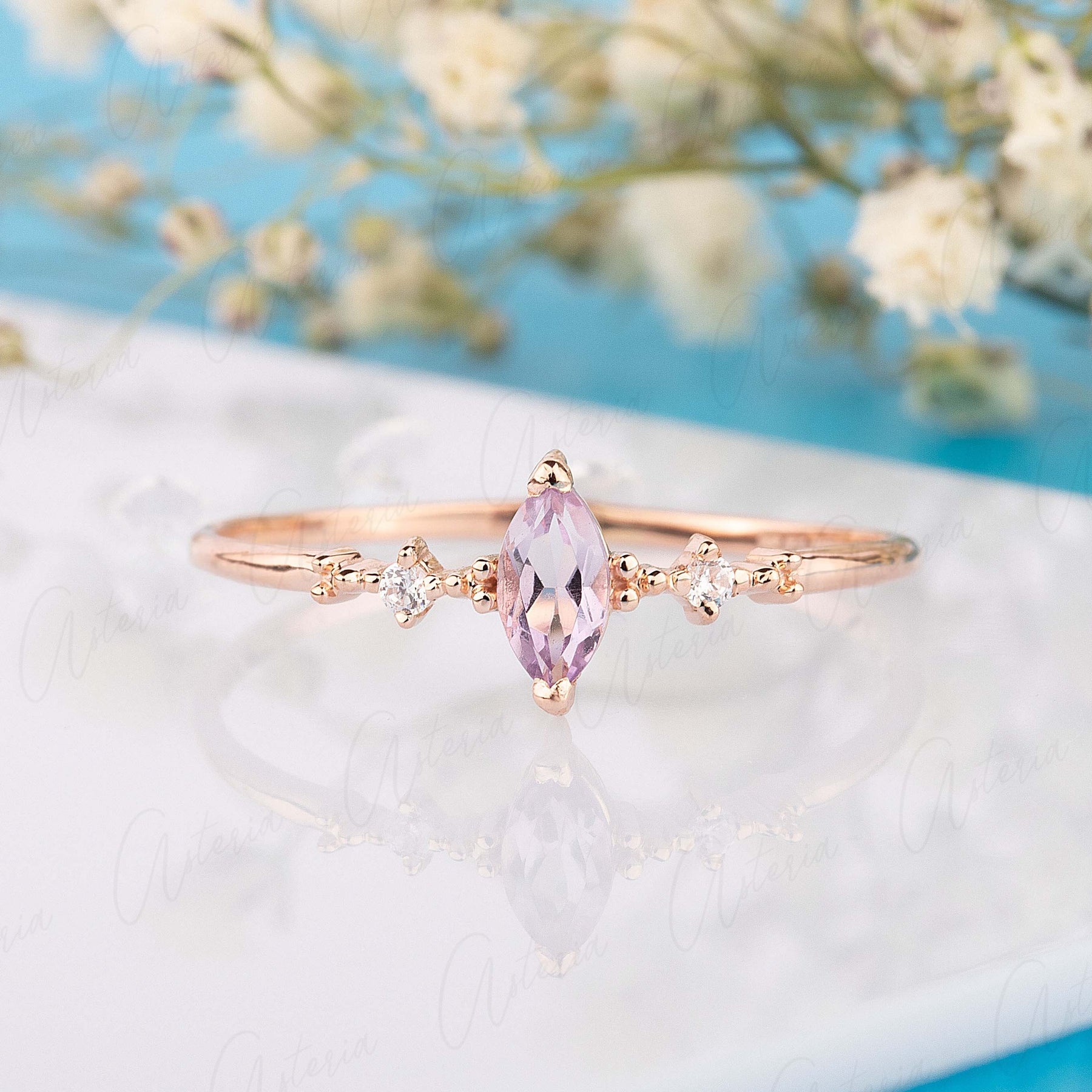 Promise Ring Marquise Pink Diamond Ring Dainty Elegant 14k