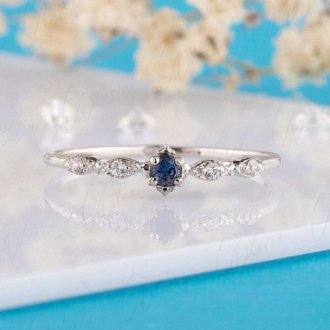 Minimalist delicate 14k white gold blue sapphire diamonds