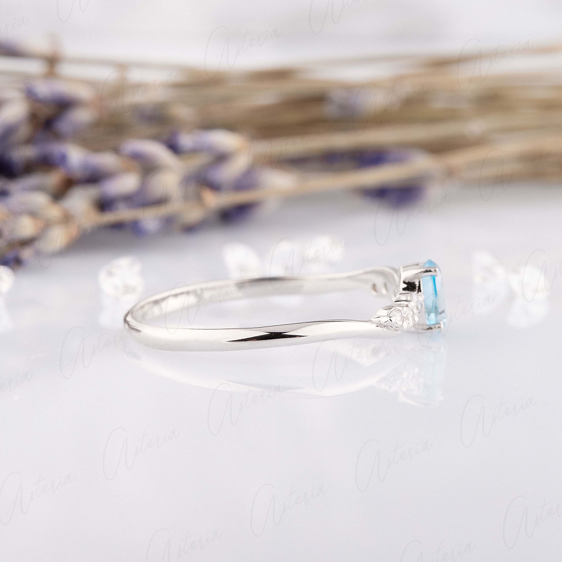 Dainty elegant 14k white gold oval sky topaz diamonds promise