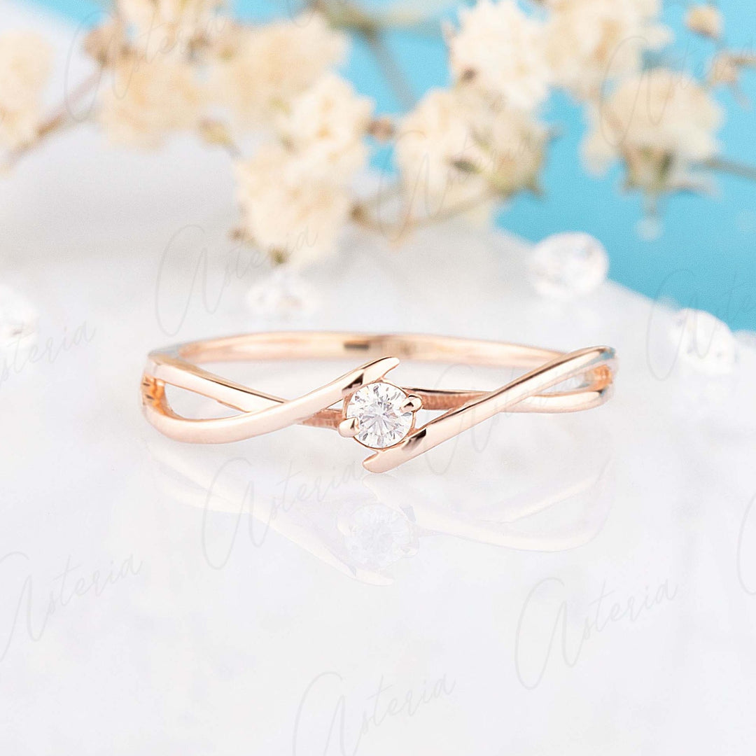 Dainty minimalist 14k rose gold solitaire diamond women engagement