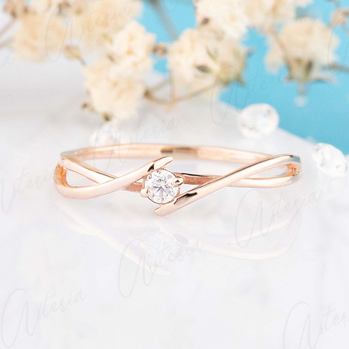 Dainty minimalist 14k rose gold solitaire diamond women
