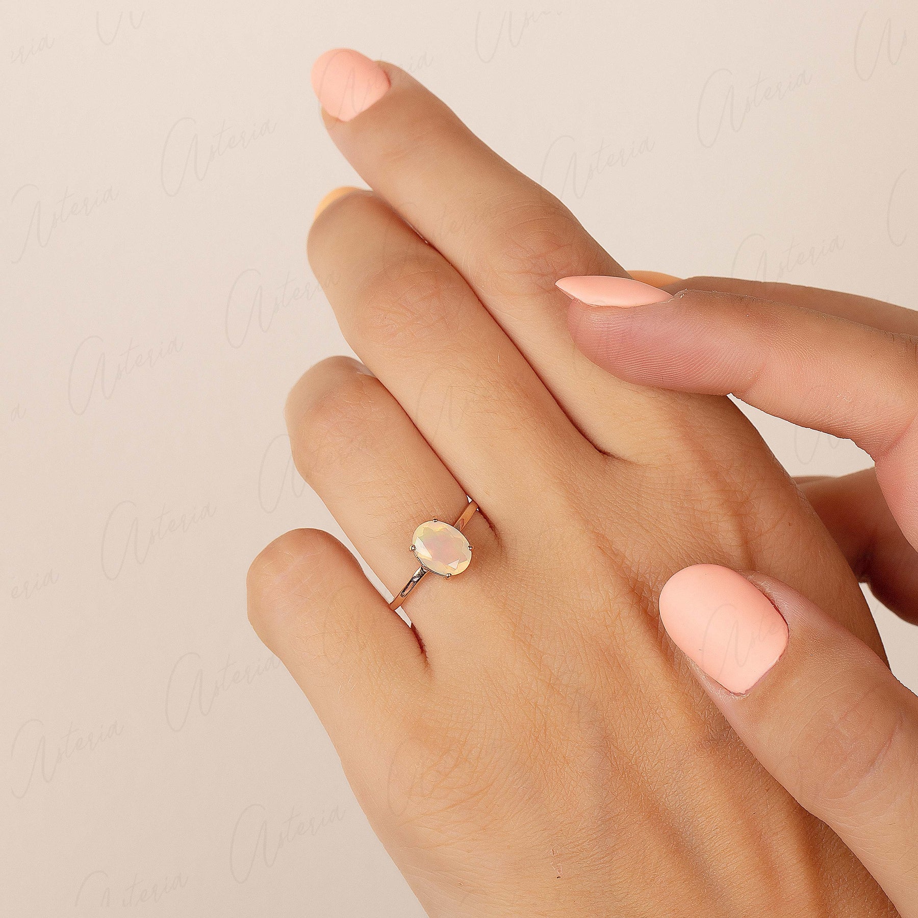 Dainty 14k rose gold oval cut opal women solitaire