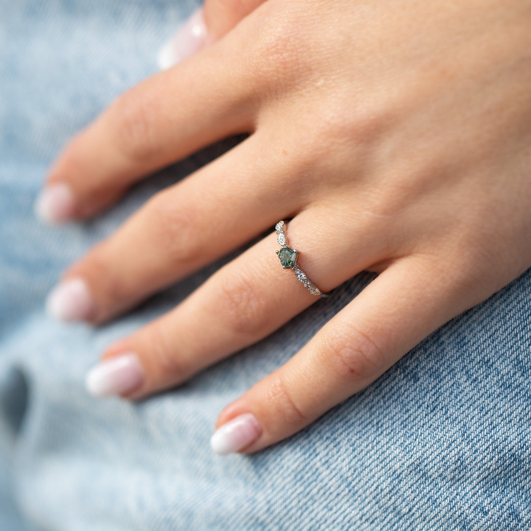 925 Sterling Silver Moss Agate Engagement Ring - Women's Size 5 Promise Ring With Natural Seven Stone Design
